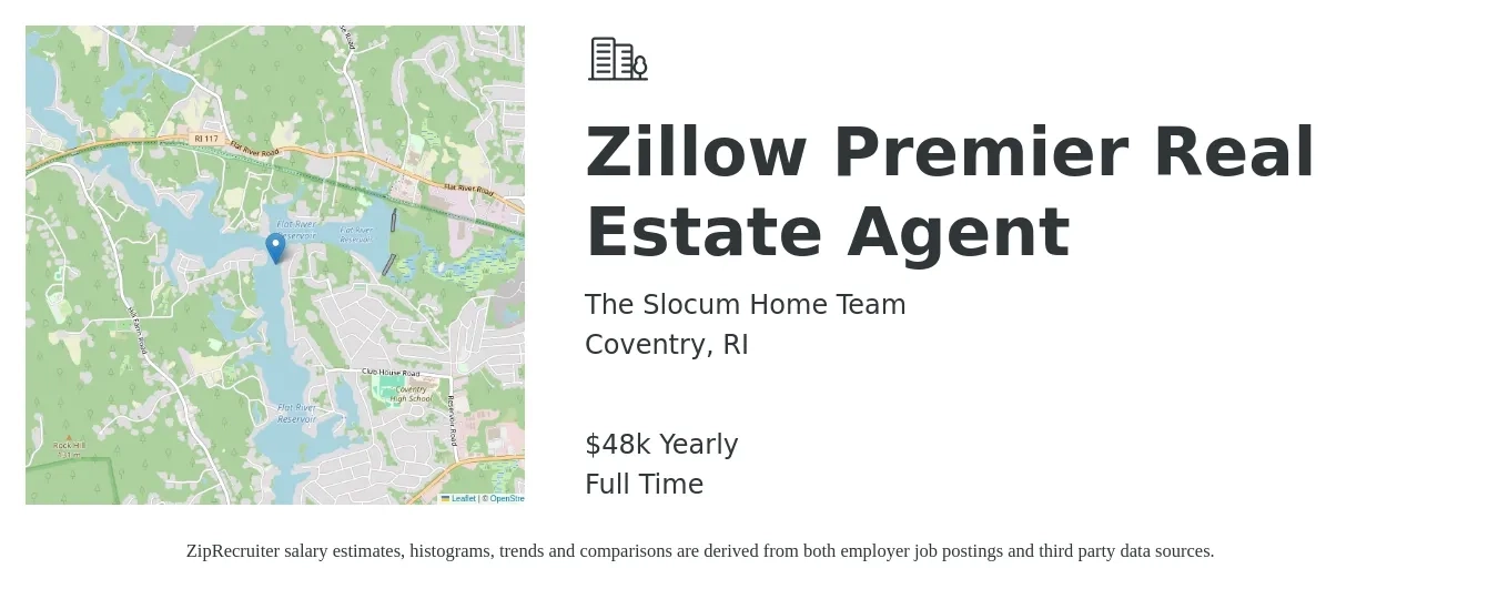 The Slocum Home Team job posting for a Zillow Premier Real Estate Agent in Coventry, RI with a salary of $48,227 Yearly with a map of Coventry location.