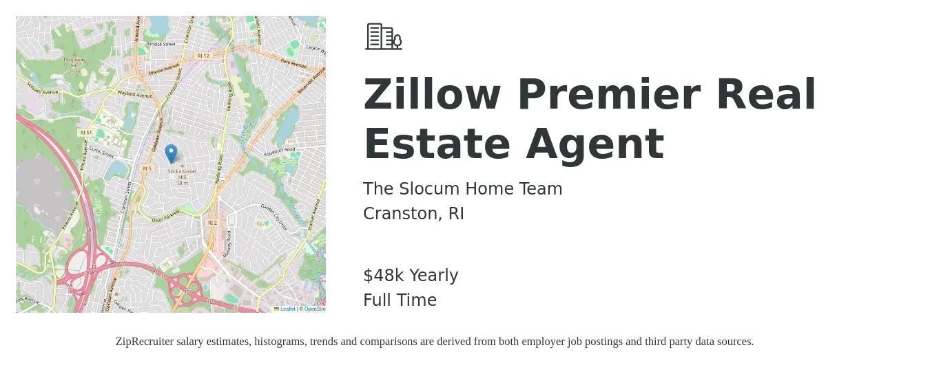 The Slocum Home Team job posting for a Zillow Premier Real Estate Agent in Cranston, RI with a salary of $48,227 Yearly with a map of Cranston location.