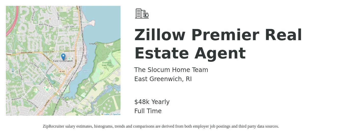 The Slocum Home Team job posting for a Zillow Premier Real Estate Agent in East Greenwich, RI with a salary of $48,227 Yearly with a map of East Greenwich location.