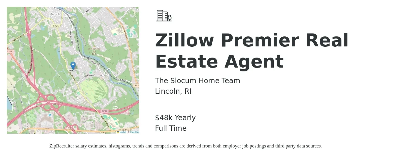 The Slocum Home Team job posting for a Zillow Premier Real Estate Agent in Lincoln, RI with a salary of $48,227 Yearly with a map of Lincoln location.