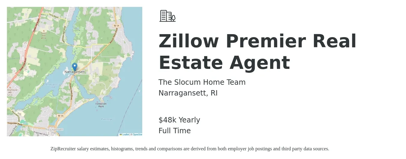 The Slocum Home Team job posting for a Zillow Premier Real Estate Agent in Narragansett, RI with a salary of $48,227 Yearly with a map of Narragansett location.