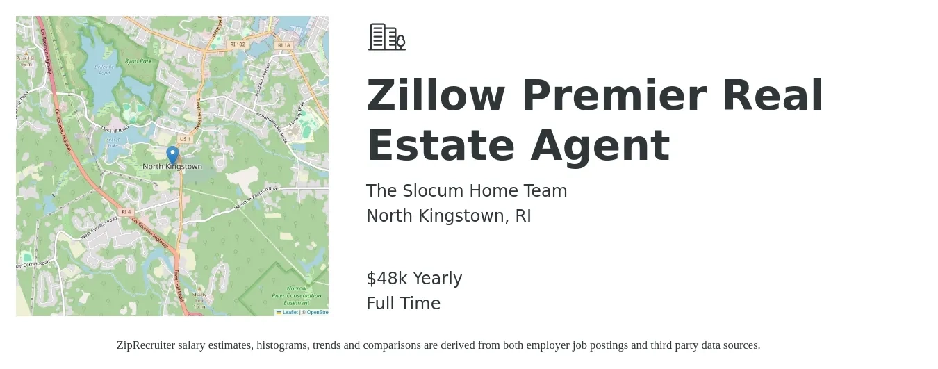 The Slocum Home Team job posting for a Zillow Premier Real Estate Agent in North Kingstown, RI with a salary of $48,227 Yearly with a map of North Kingstown location.