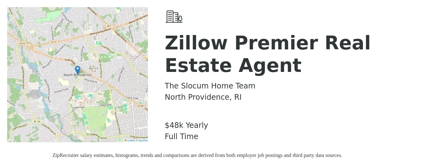 The Slocum Home Team job posting for a Zillow Premier Real Estate Agent in North Providence, RI with a salary of $48,227 Yearly with a map of North Providence location.