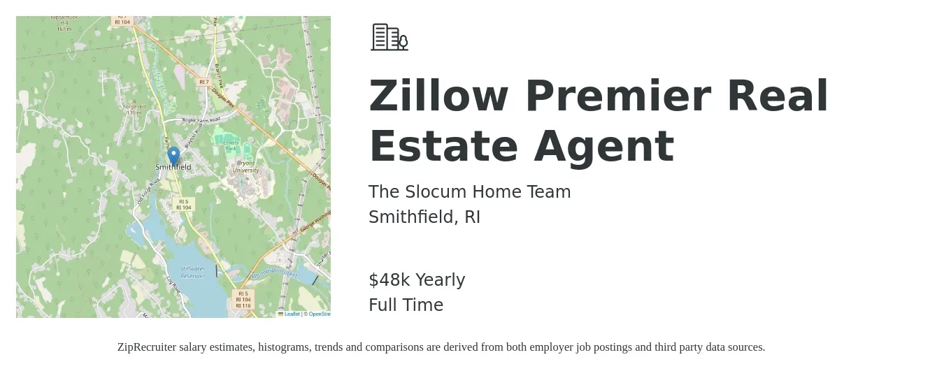 The Slocum Home Team job posting for a Zillow Premier Real Estate Agent in Smithfield, RI with a salary of $48,227 Yearly with a map of Smithfield location.