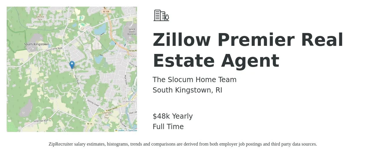 The Slocum Home Team job posting for a Zillow Premier Real Estate Agent in South Kingstown, RI with a salary of $48,227 Yearly with a map of South Kingstown location.