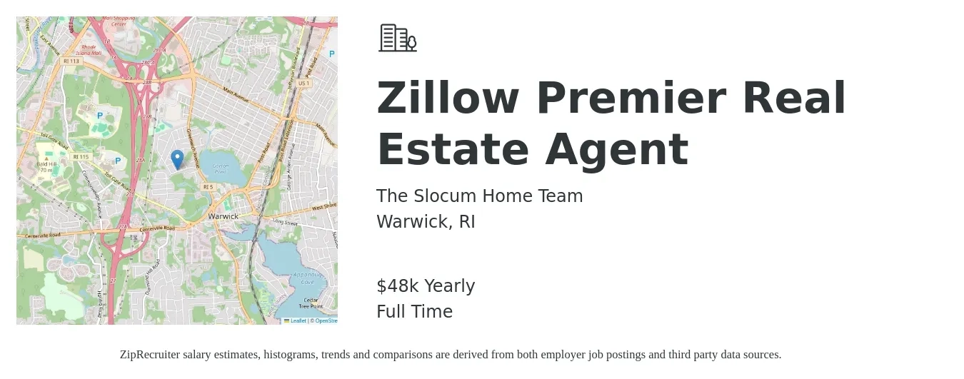 The Slocum Home Team job posting for a Zillow Premier Real Estate Agent in Warwick, RI with a salary of $48,227 Yearly with a map of Warwick location.