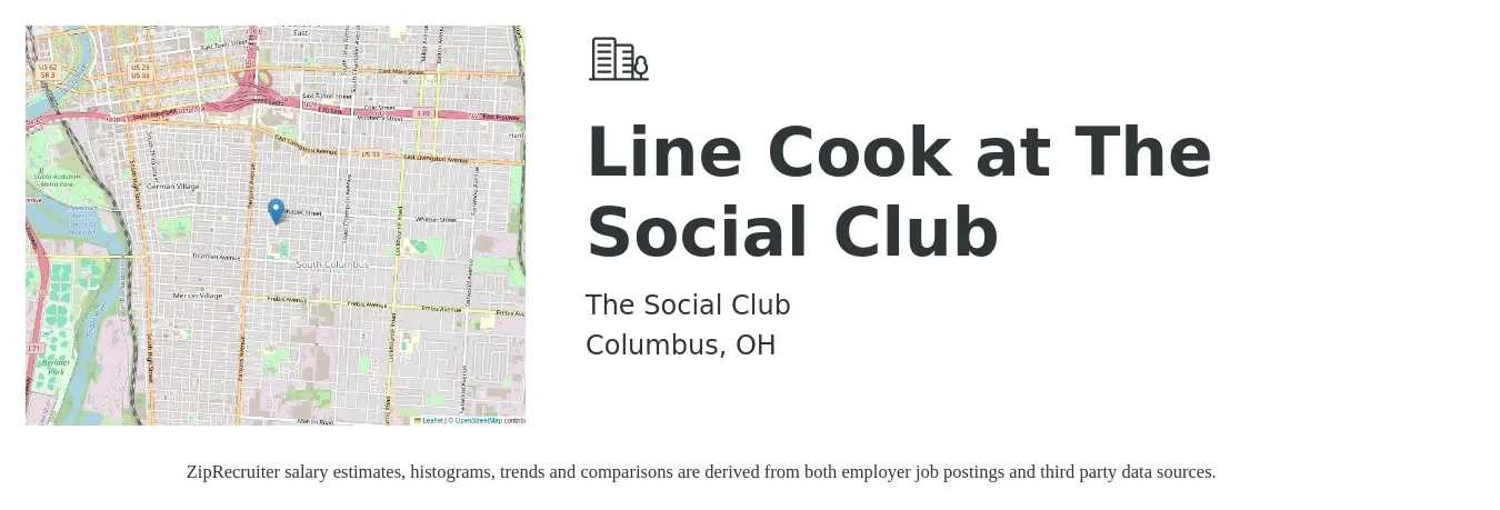 The Social Club job posting for a Line Cook at The Social Club in Columbus, OH with a salary of $15 to $19 Hourly with a map of Columbus location.