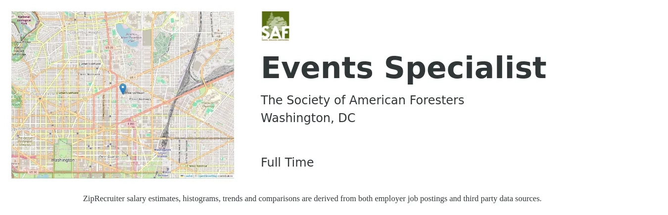 The Society of American Foresters job posting for a Events Specialist in Washington, DC with a salary of $17 to $30 Hourly with a map of Washington location.