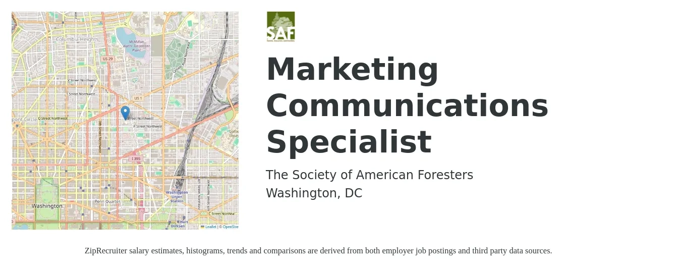The Society of American Foresters job posting for a Marketing Communications Specialist in Washington, DC with a salary of $55,000 to $60,000 Yearly with a map of Washington location.