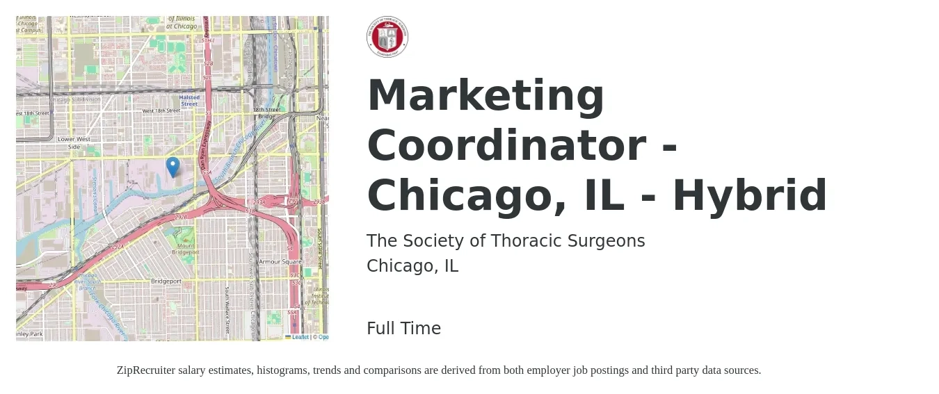 The Society of Thoracic Surgeons job posting for a Marketing Coordinator - Chicago, IL - Hybrid in Chicago, IL with a salary of $43,800 to $60,300 Yearly with a map of Chicago location.