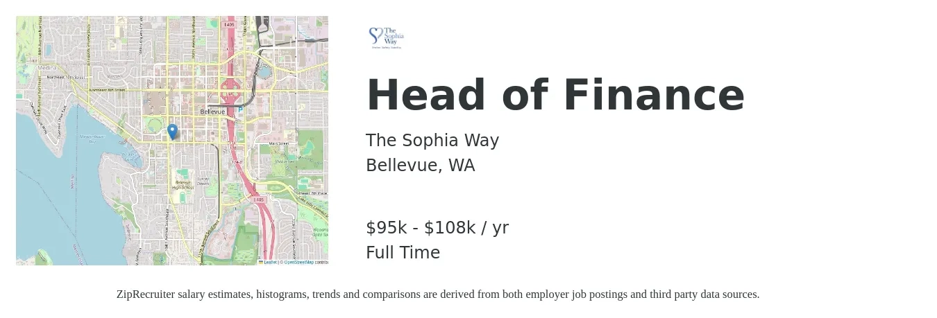 The Sophia Way job posting for a Head of Finance in Bellevue, WA with a salary of $95,000 to $108,000 Yearly with a map of Bellevue location.