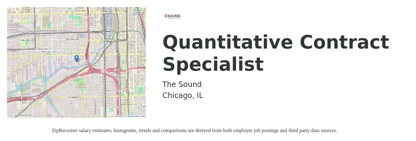 The Sound job posting for a Quantitative Contract Specialist in Chicago, IL with a salary of $99,000 to $120,100 Yearly with a map of Chicago location.