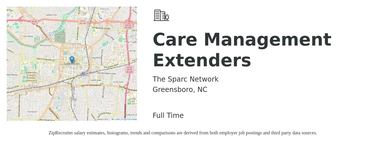 The Sparc Network job posting for a Care Management Extenders in Greensboro, NC with a salary of $20 to $65 Hourly with a map of Greensboro location.