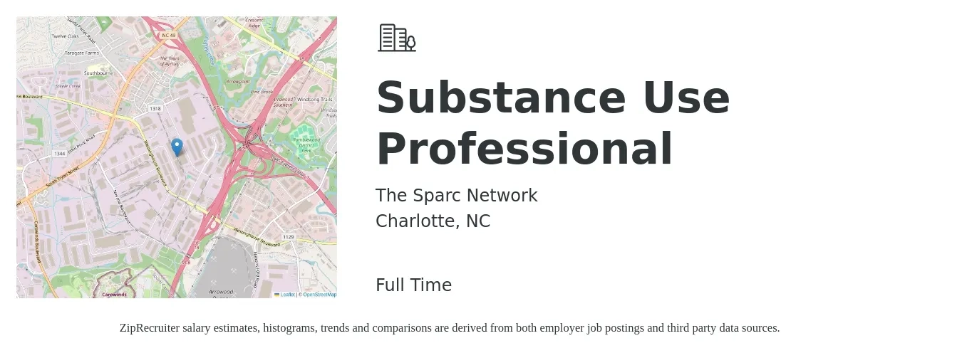 The Sparc Network job posting for a Substance Use Professional in Charlotte, NC with a salary of $48,000 Yearly with a map of Charlotte location.