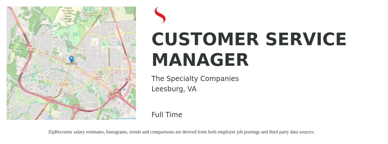 The Specialty Companies job posting for a CUSTOMER SERVICE MANAGER in Leesburg, VA with a salary of $41,500 to $70,800 Yearly with a map of Leesburg location.