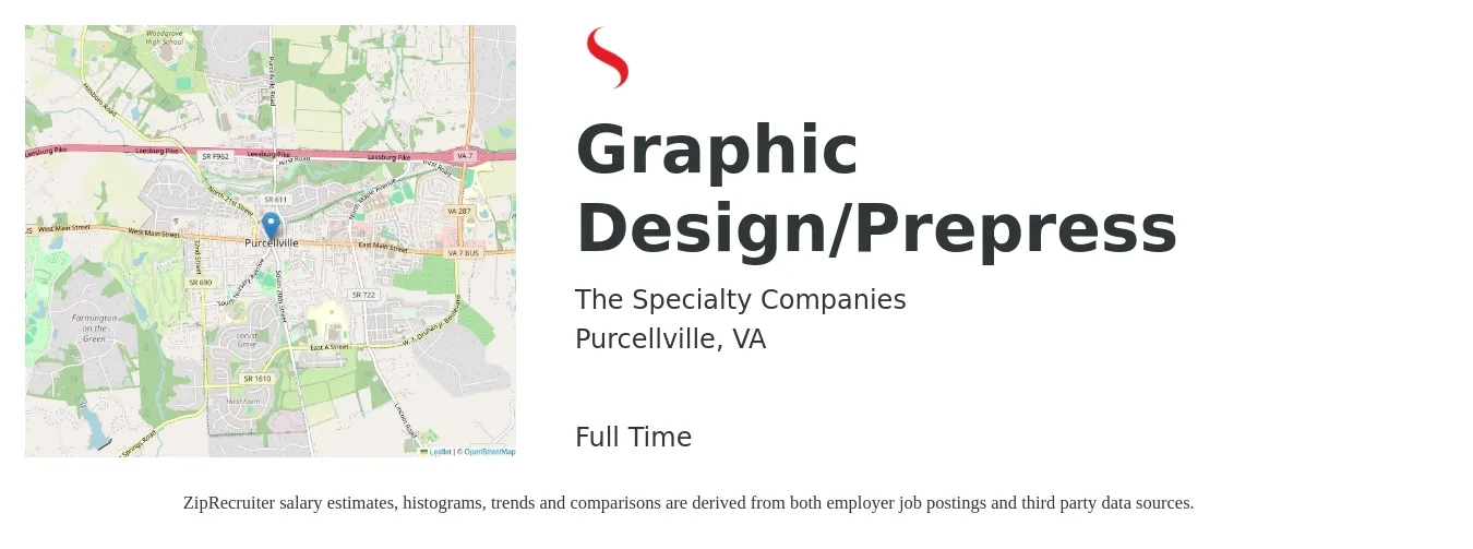 The Specialty Companies job posting for a Graphic Design/Prepress in Purcellville, VA with a salary of $22 to $34 Hourly with a map of Purcellville location.