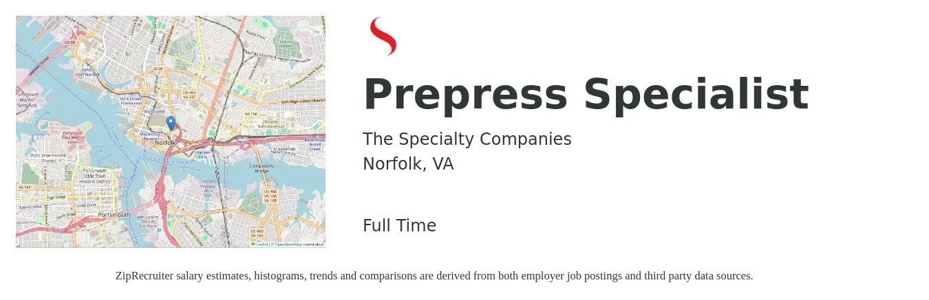 The Specialty Companies job posting for a Prepress Specialist in Norfolk, VA with a salary of $18 to $25 Hourly with a map of Norfolk location.