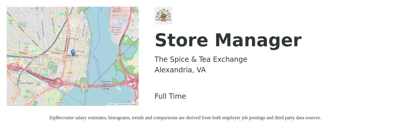 The Spice & Tea Exchange job posting for a Store Manager in Alexandria, VA with a salary of $44,400 to $68,900 Yearly with a map of Alexandria location.