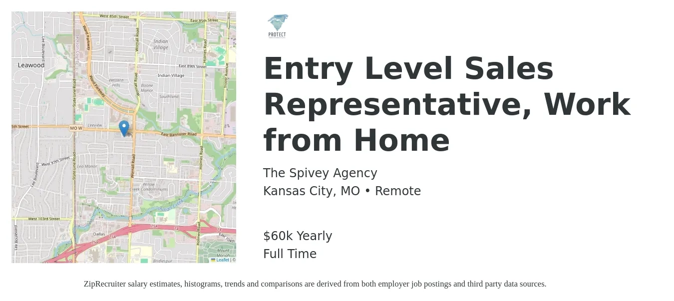 The Spivey Agency job posting for a Entry Level Sales Representative, Work from Home in Kansas City, MO with a salary of $60,000 Yearly with a map of Kansas City location.