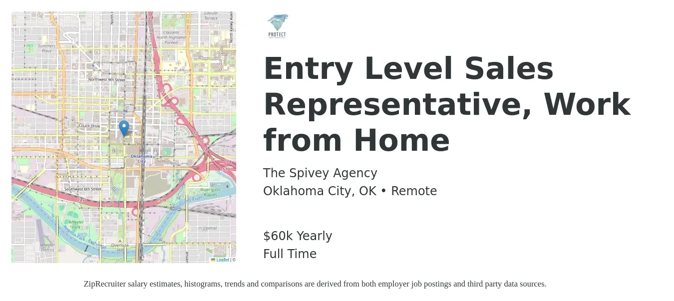 The Spivey Agency job posting for a Entry Level Sales Representative, Work from Home in Oklahoma City, OK with a salary of $60,000 Yearly with a map of Oklahoma City location.