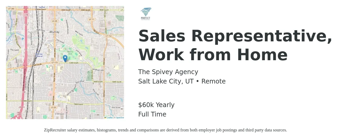 The Spivey Agency job posting for a Sales Representative, Work from Home in Salt Lake City, UT with a salary of $60,000 Yearly with a map of Salt Lake City location.