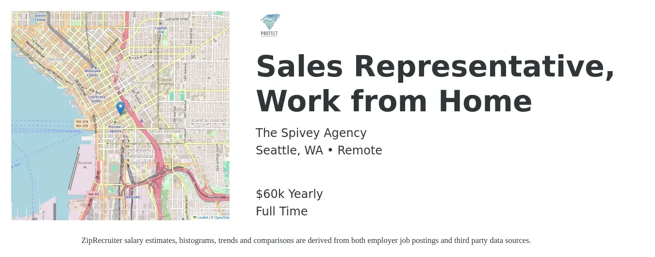 The Spivey Agency job posting for a Sales Representative, Work from Home in Seattle, WA with a salary of $60,000 Yearly with a map of Seattle location.