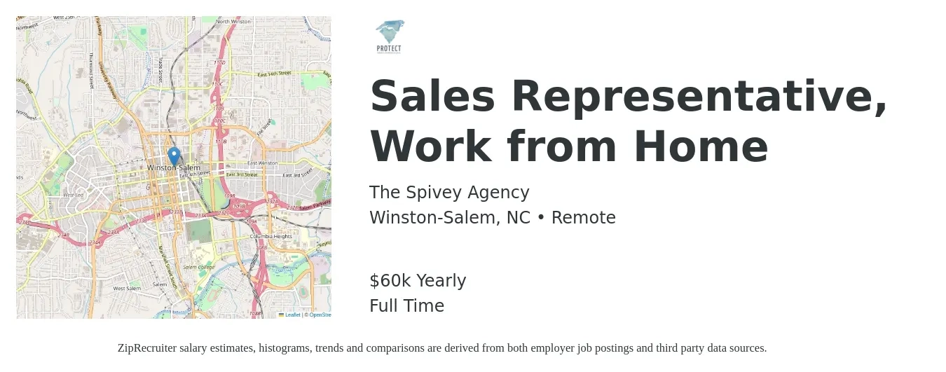 The Spivey Agency job posting for a Sales Representative, Work from Home in Winston-Salem, NC with a salary of $60,000 Yearly with a map of Winston-Salem location.