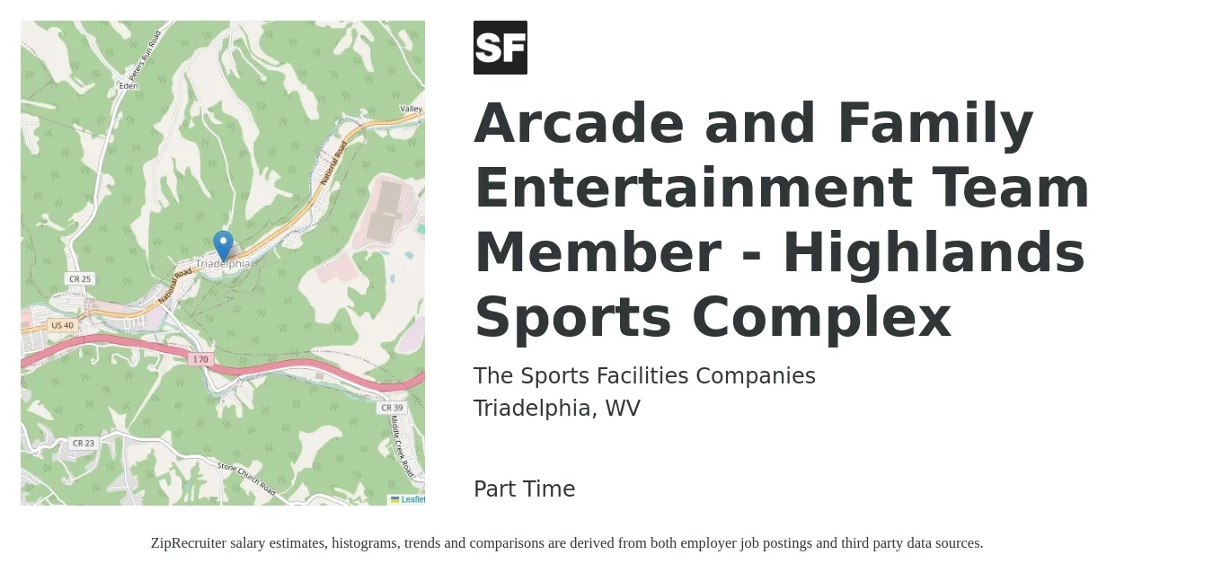 The Sports Facilities Companies job posting for a Arcade and Family Entertainment Team Member - Highlands Sports Complex in Triadelphia, WV with a salary of $11 to $14 Hourly with a map of Triadelphia location.