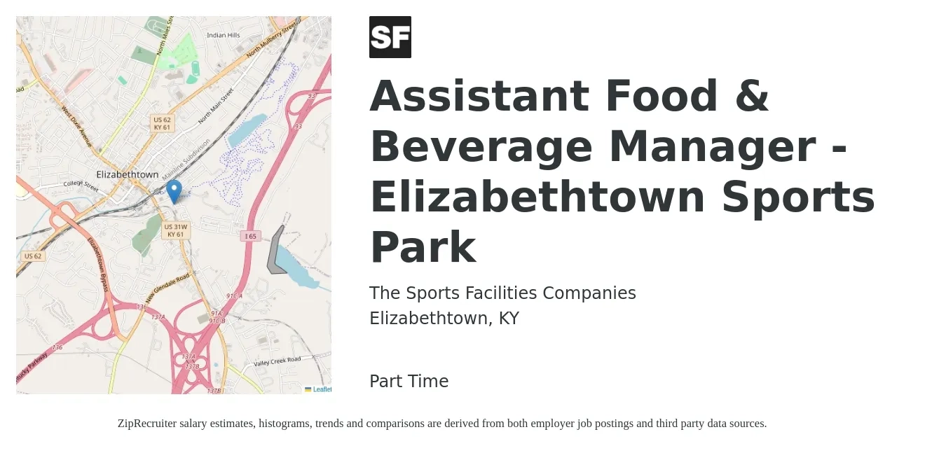 The Sports Facilities Companies job posting for a Assistant Food & Beverage Manager - Elizabethtown Sports Park in Elizabethtown, KY with a salary of $15 to $22 Hourly with a map of Elizabethtown location.