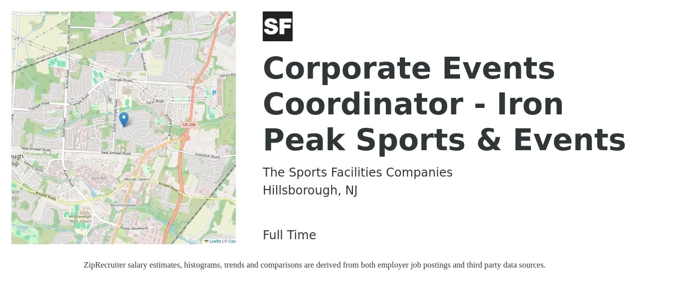 The Sports Facilities Companies job posting for a Corporate Events Coordinator - Iron Peak Sports & Events in Hillsborough, NJ with a salary of $20 to $29 Hourly with a map of Hillsborough location.