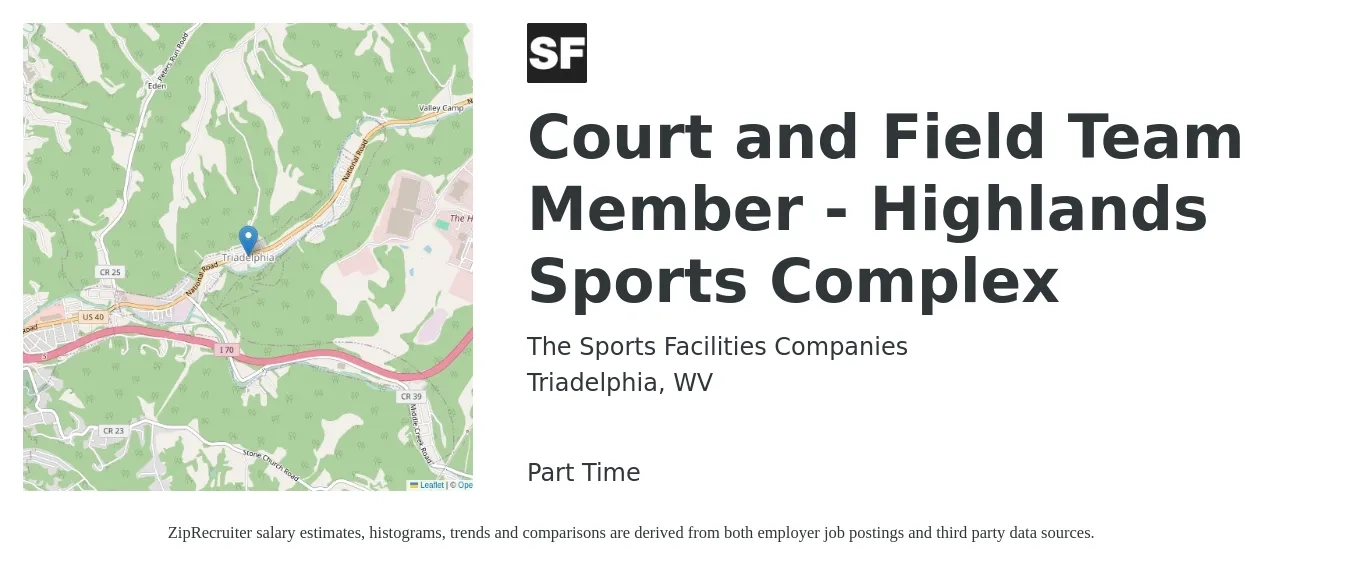 The Sports Facilities Companies job posting for a Court and Field Team Member - Highlands Sports Complex in Triadelphia, WV with a salary of $9 to $13 Hourly with a map of Triadelphia location.