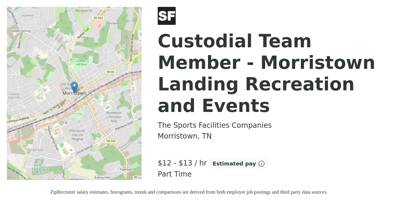 The Sports Facilities Companies job posting for a Custodial Team Member - Morristown Landing Recreation and Events in Morristown, TN with a salary of $13 to $14 Hourly with a map of Morristown location.