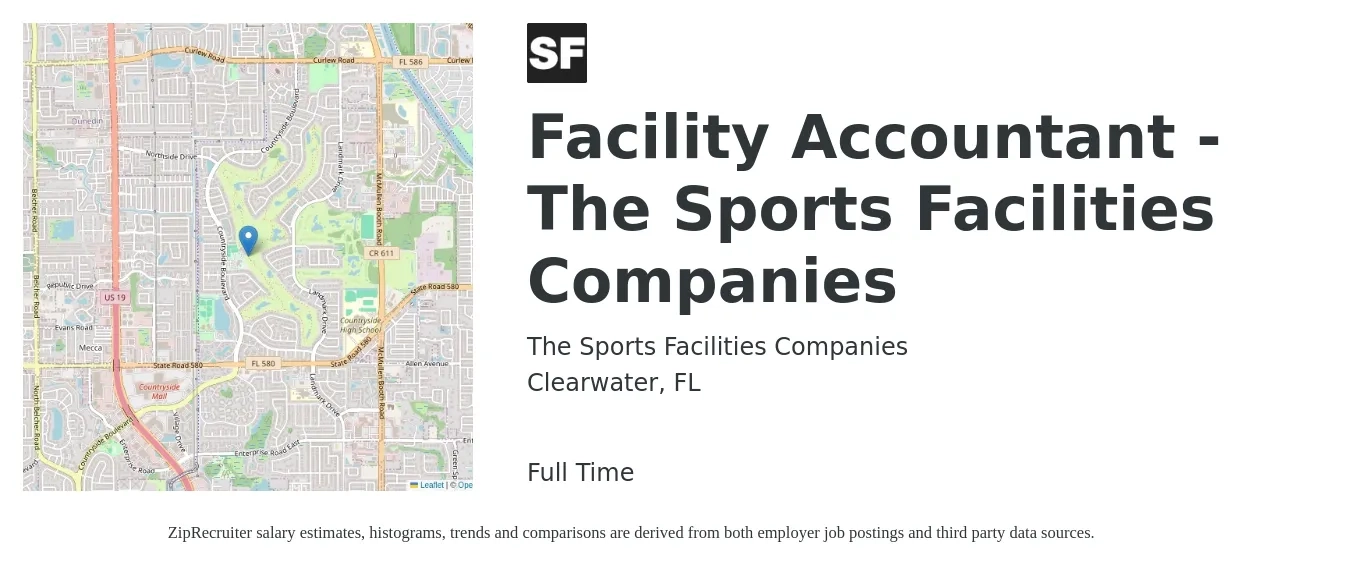 The Sports Facilities Companies job posting for a Facility Accountant - The Sports Facilities Companies in Clearwater, FL with a salary of $45,900 to $67,400 Yearly with a map of Clearwater location.