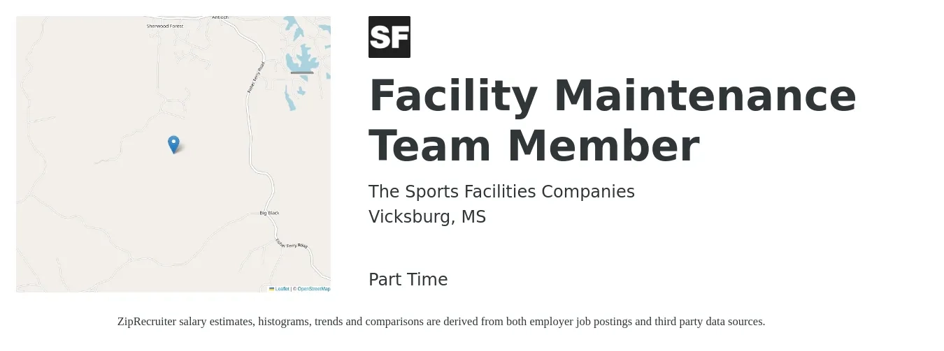 The Sports Facilities Companies job posting for a Facility Maintenance Team Member in Vicksburg, MS with a salary of $14 to $20 Hourly with a map of Vicksburg location.