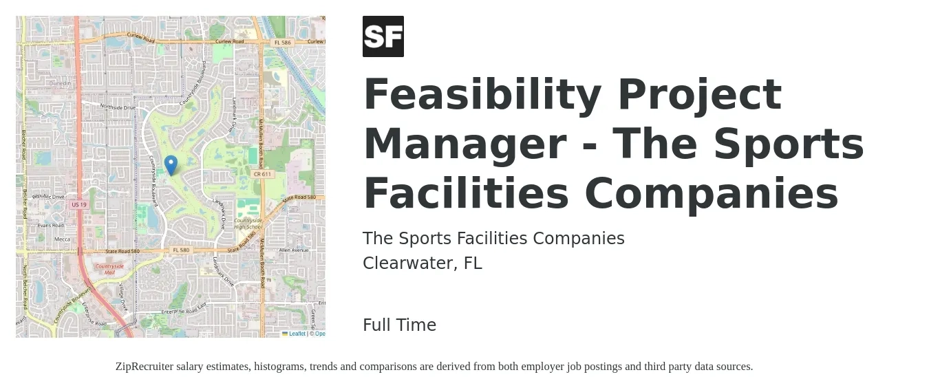 The Sports Facilities Companies job posting for a Feasibility Project Manager - The Sports Facilities Companies in Clearwater, FL with a salary of $61,800 to $91,400 Yearly with a map of Clearwater location.
