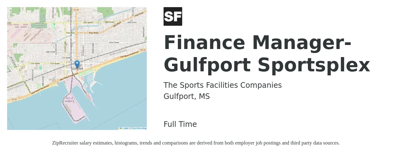 The Sports Facilities Companies job posting for a Finance Manager- Gulfport Sportsplex in Gulfport, MS with a salary of $94,000 to $167,100 Yearly with a map of Gulfport location.