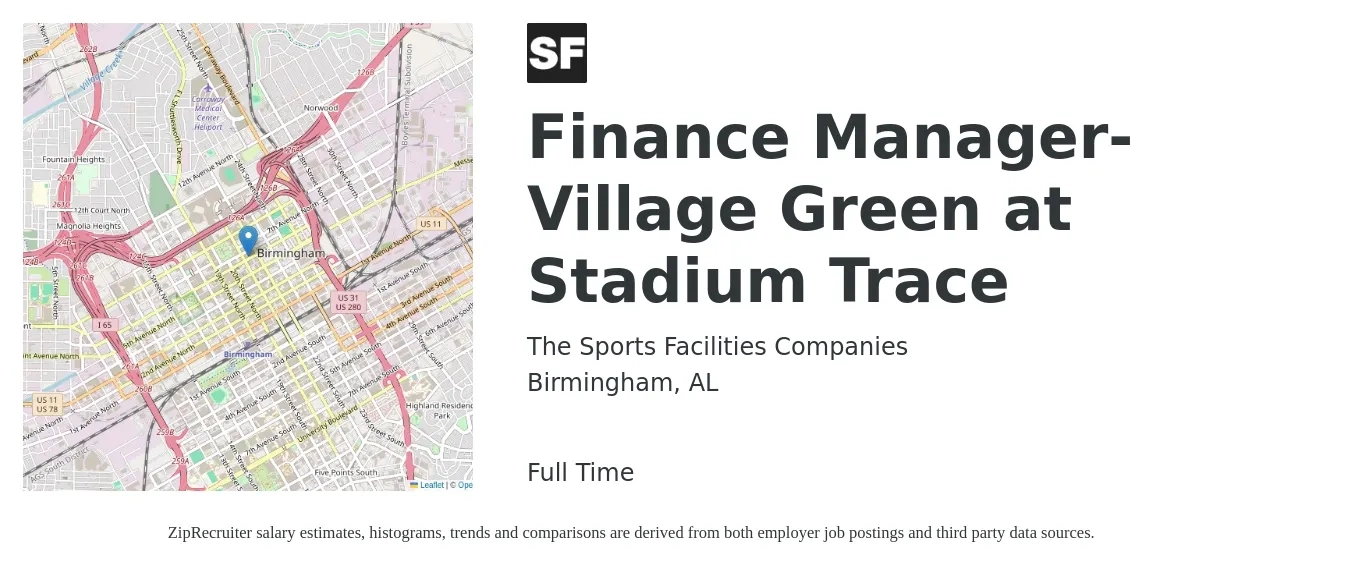 The Sports Facilities Companies job posting for a Finance Manager- Village Green at Stadium Trace in Birmingham, AL with a salary of $88,600 to $157,400 Yearly with a map of Birmingham location.