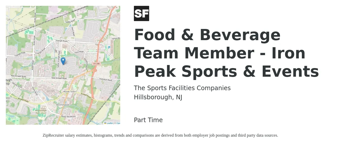 The Sports Facilities Companies job posting for a Food & Beverage Team Member - Iron Peak Sports & Events in Hillsborough, NJ with a salary of $13 to $18 Hourly with a map of Hillsborough location.
