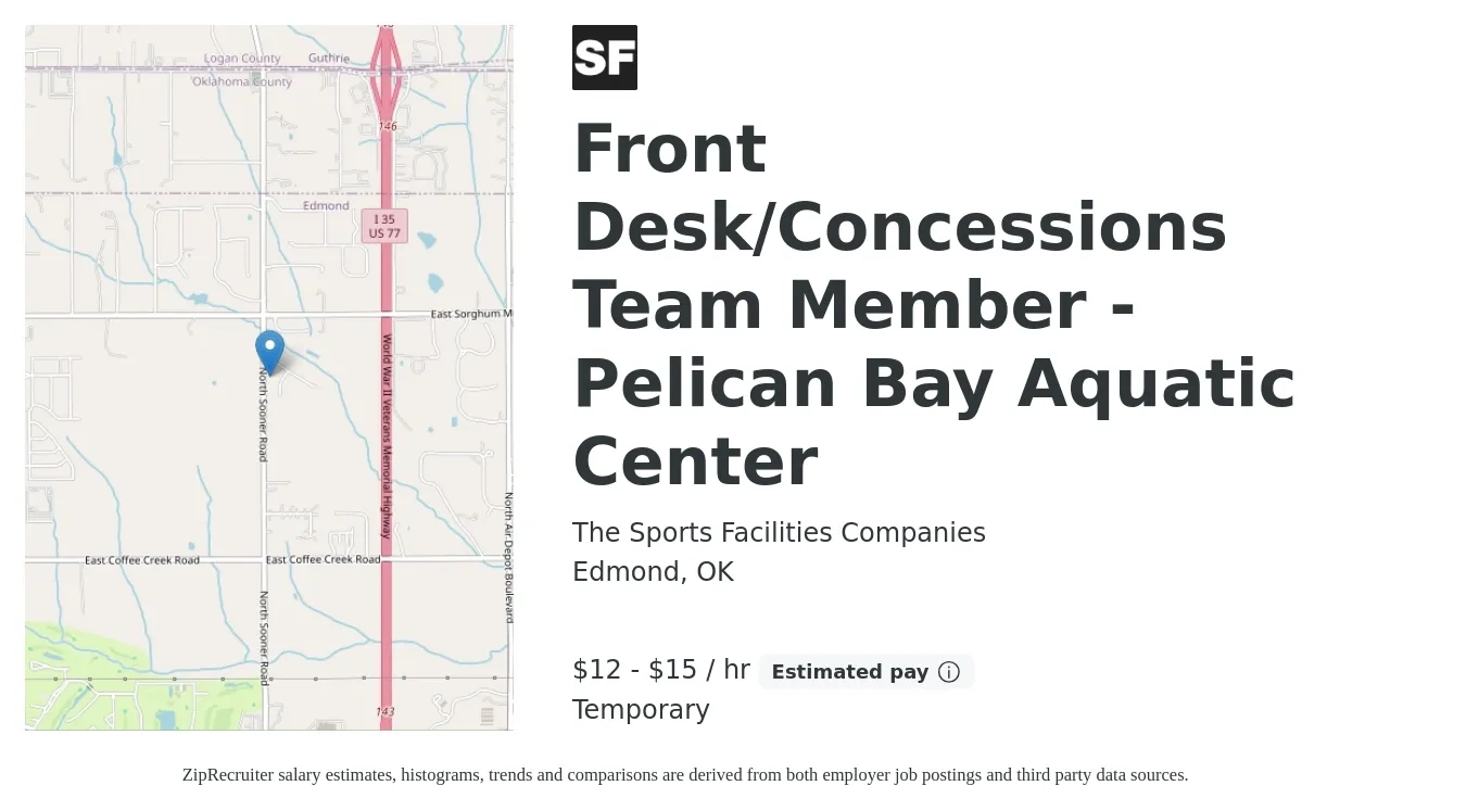 The Sports Facilities Companies job posting for a Front Desk/Concessions Team Member - Pelican Bay Aquatic Center in Edmond, OK with a salary of $10 to $12 Hourly with a map of Edmond location.