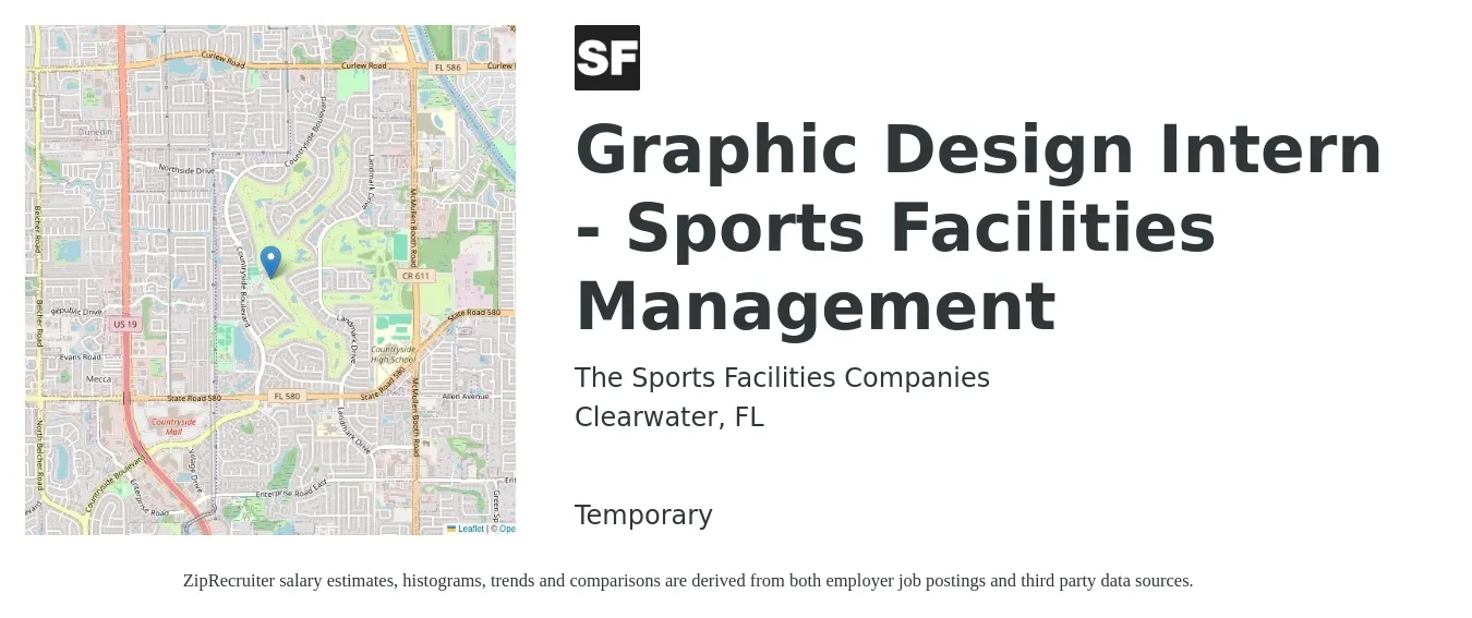 The Sports Facilities Companies job posting for a Graphic Design Intern - Sports Facilities Management in Clearwater, FL with a salary of $13 to $17 Hourly with a map of Clearwater location.