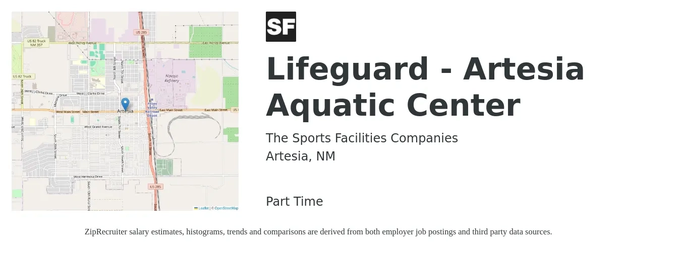 The Sports Facilities Companies job posting for a Lifeguard - Artesia Aquatic Center in Artesia, NM with a salary of $14 to $17 Hourly with a map of Artesia location.