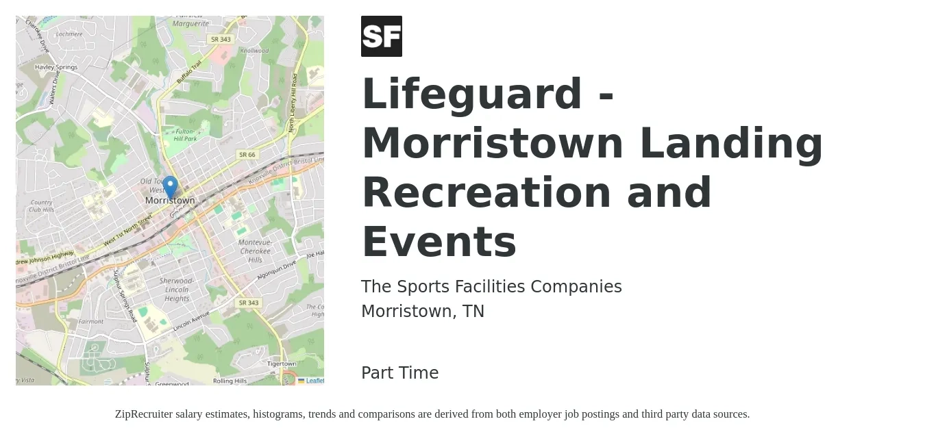 The Sports Facilities Companies job posting for a Lifeguard - Morristown Landing Recreation and Events in Morristown, TN with a salary of $14 to $21 Hourly with a map of Morristown location.