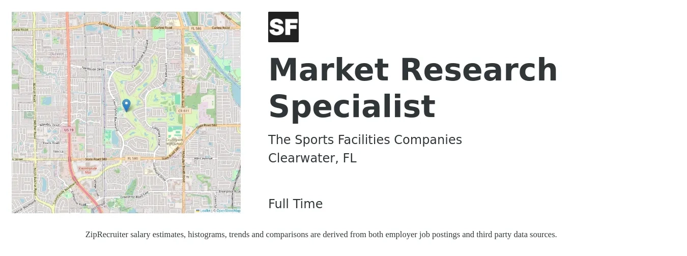 The Sports Facilities Companies job posting for a Market Research Specialist in Clearwater, FL with a salary of $22 to $28 Hourly with a map of Clearwater location.