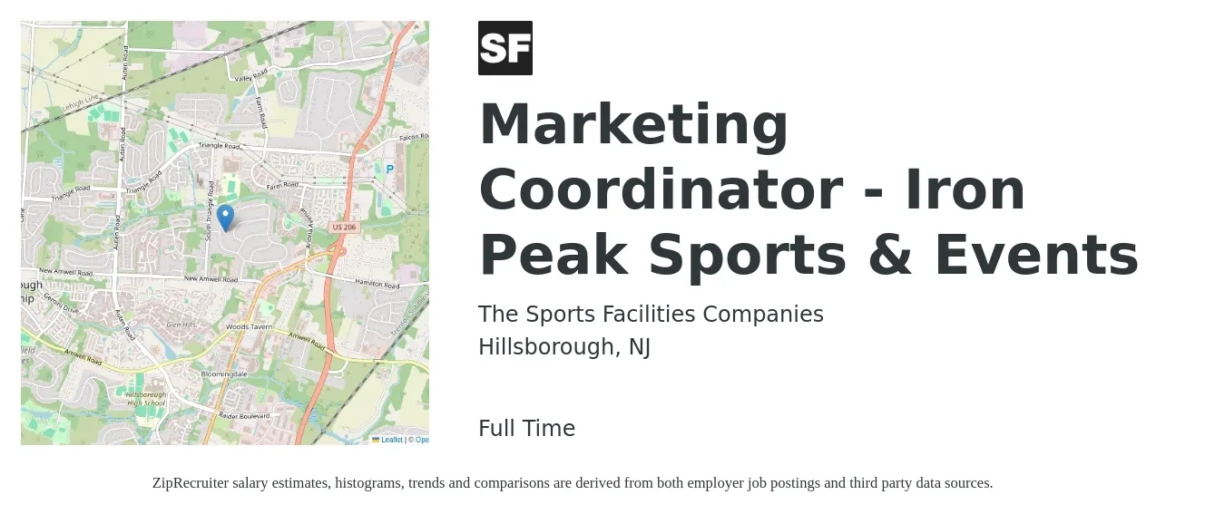 The Sports Facilities Companies job posting for a Marketing Coordinator - Iron Peak Sports & Events in Hillsborough, NJ with a salary of $41,300 to $54,800 Yearly with a map of Hillsborough location.