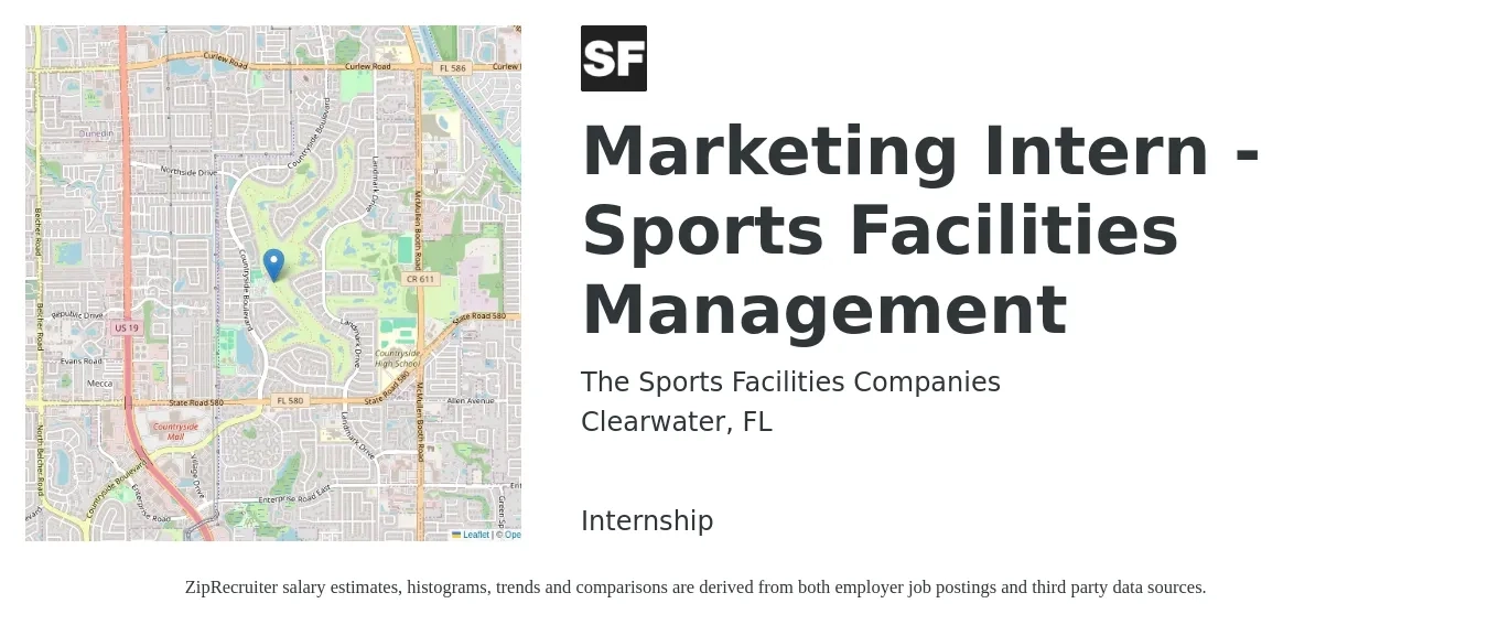 The Sports Facilities Companies job posting for a Marketing Intern - Sports Facilities Management in Clearwater, FL with a salary of $13 to $17 Hourly with a map of Clearwater location.