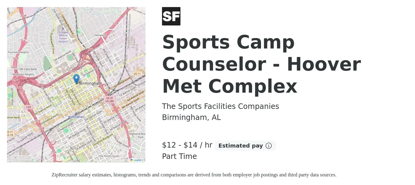 The Sports Facilities Companies job posting for a Sports Camp Counselor - Hoover Met Complex in Birmingham, AL with a salary of $12 to $16 Hourly with a map of Birmingham location.