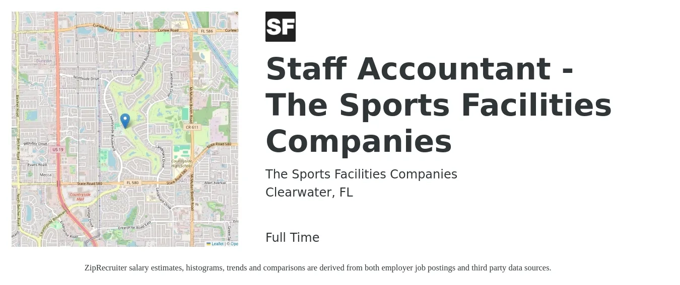 The Sports Facilities Companies job posting for a Staff Accountant - The Sports Facilities Companies in Clearwater, FL with a salary of $47,200 to $62,300 Yearly with a map of Clearwater location.
