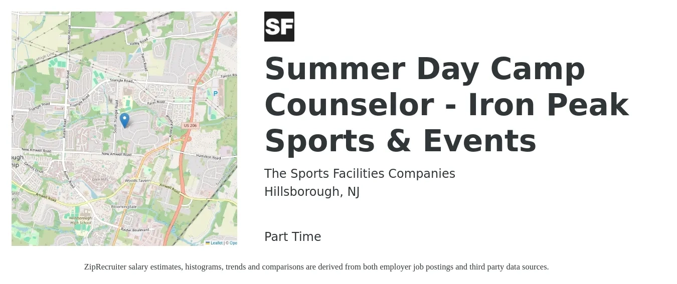 The Sports Facilities Companies job posting for a Summer Day Camp Counselor - Iron Peak Sports & Events in Hillsborough, NJ with a salary of $14 to $18 Hourly with a map of Hillsborough location.