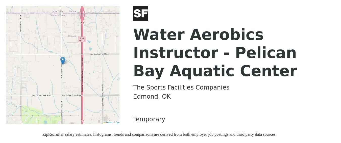 The Sports Facilities Companies job posting for a Water Aerobics Instructor - Pelican Bay Aquatic Center in Edmond, OK with a salary of $13 to $19 Hourly with a map of Edmond location.