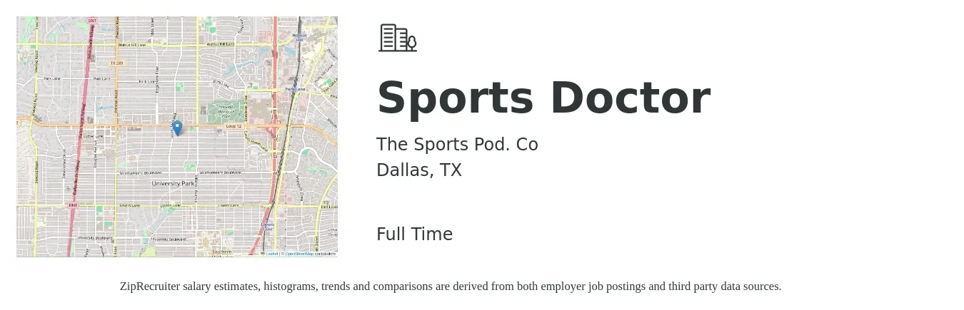 The Sports Pod. Co job posting for a Sports Doctor in Dallas, TX with a salary of $65,000 to $90,000 Yearly with a map of Dallas location.
